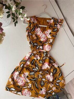 LOFT Mustard Yellow Floral Ruffle Sleeve Mini Dress